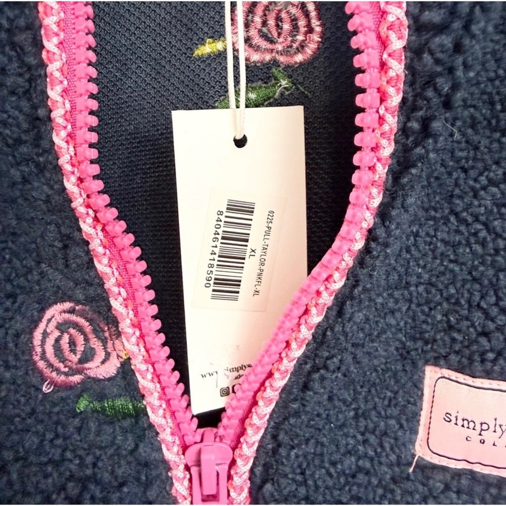 Simply Southern Taylor 1/2 Zip Sherpa Pullover Navy Pink Rose Embroidered XL - Picture 6 of 7
